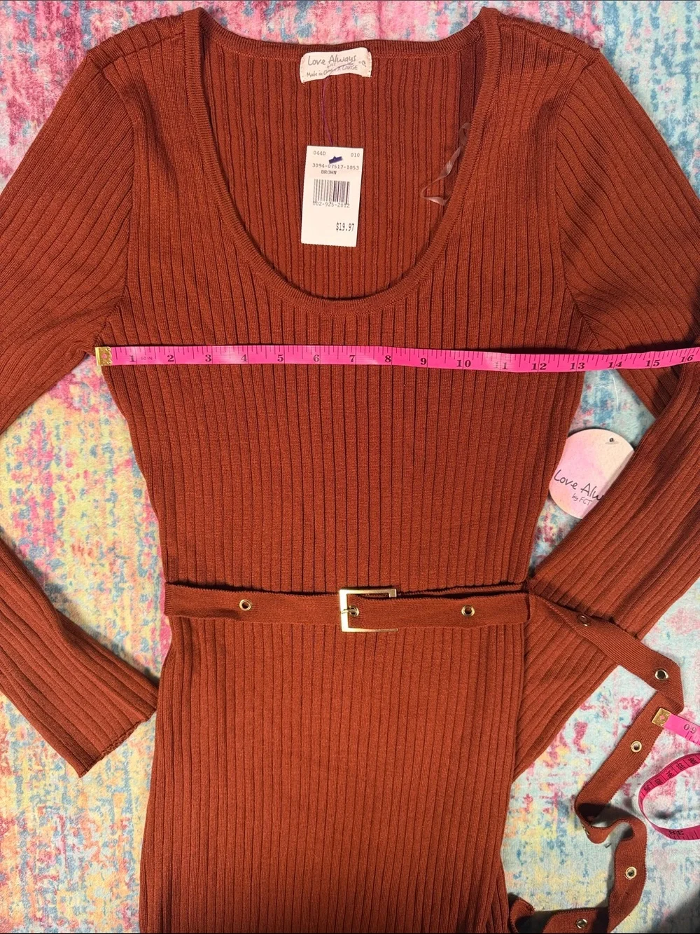 Love Tree Rust Ribbed Long-Sleeve Belted Dress